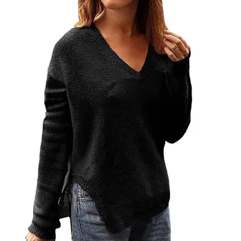 

JIMMYHANKStylish Women Autumn Winter Pullovers Tops V Neck Long Sleeve Split Loose Knit Sweaters