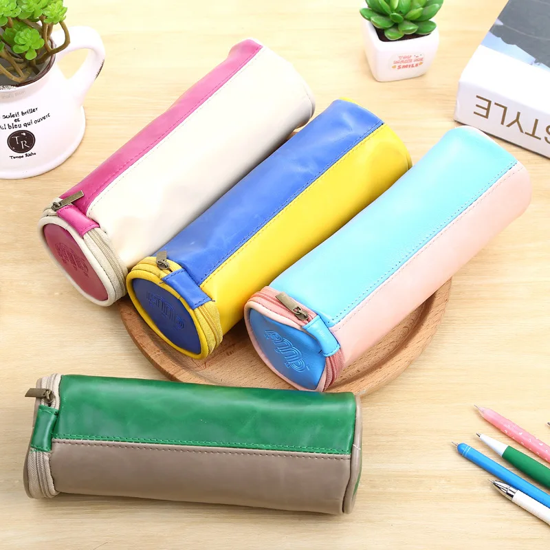 High quality Leather Pencil Bag Big Capacity Zipper Round pen holder