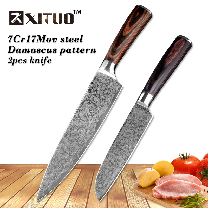 Набор кухонных ножей XITUO из 2 предметов, " 5" дюймов, имитация дамасской стали, кухонный нож шеф-повара для очистки овощей, деревянная ручка для ножа