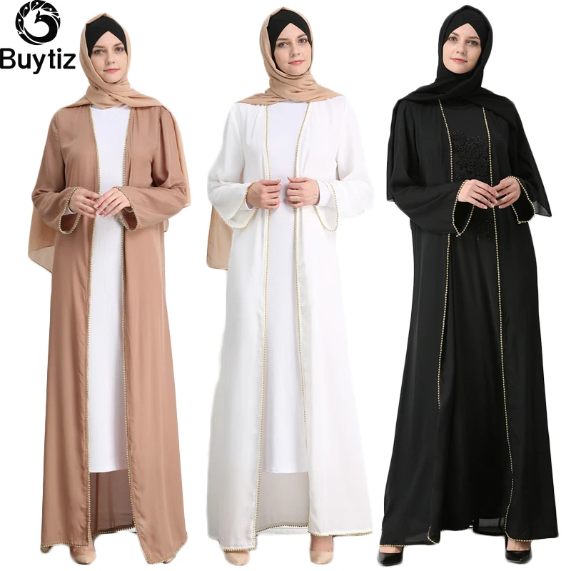

Buytiz Muslim Abaya Beading Maxi Dress Cardigan Long Robe Gowns Tunic Kimono Jubah Ramadan Dubai Arab Islamic Clothing Brown