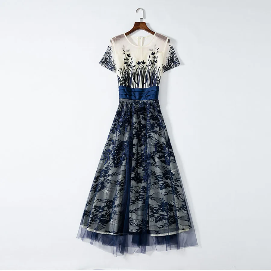 Женское Сетчатое платье Лето с коротким рукавом длиной до щиколотки, кружевное темно-синее с цветочной вышивкой тонкое длинное платье