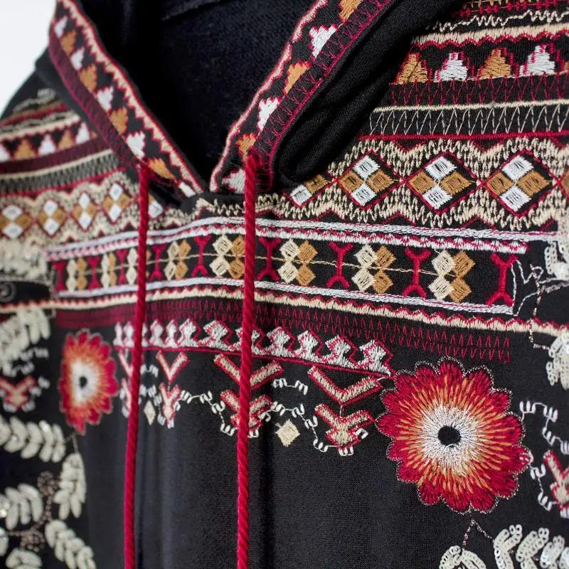 Женский свитшот повседневные Цветочные embroiedered черные толстовки для женщин с длинным рукавом и v-образным вырезом, кисточки с серийным номером радиочастотной метки пуловер E21