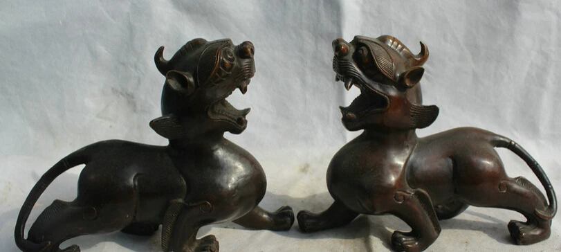 

song voge gem S2119 9" China Bronze Fengshui exorcise evil spirits Pi Xiu Unicorn Beast Statue Pair