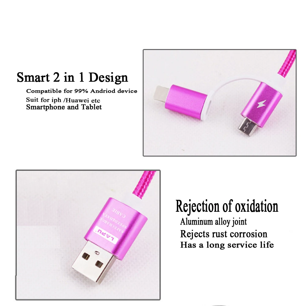 2 in 1 Fast Charging Date Cable Micro USB Cable 1M for Xiaomi/Huawei for Android for iph 2 in 1 Fast Charging Date Cable Micro USB Cable 1M for Xiaomi/Huawei for Android for iph