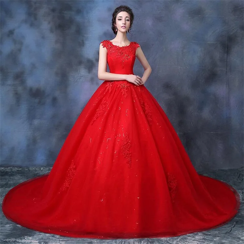 

New Elegant Red Wedding Dresses with Train Appliques White/Ivory Princess Formal Dress High Neck Vestidos De Novia Bridal Gown