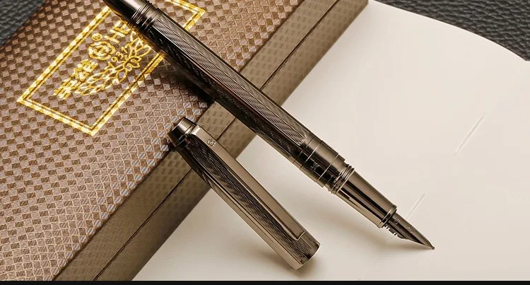Роскошная перьевая ручка с гравировкой, темно-серая, 0,5 мм, Тонкое Перо, металлические ручки для письма, бизнес, офис, для подарка, школьные принадлежности