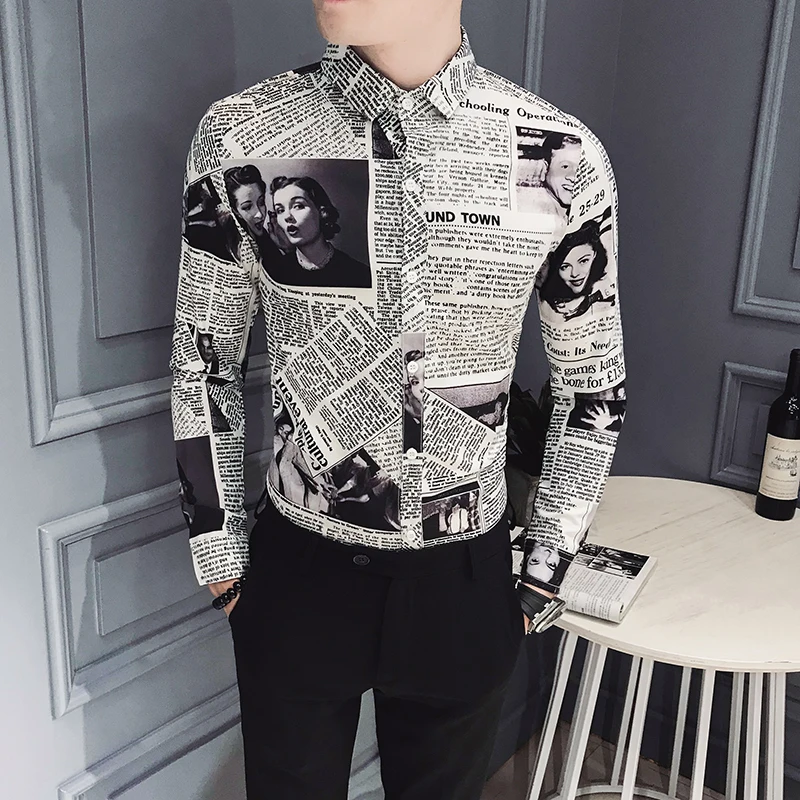 

Fashion Casual Men's Long-sleeved Shirt Spring And Autumn New M-5XL Printing Color Matching Slim Shirt Personality Youth Popular