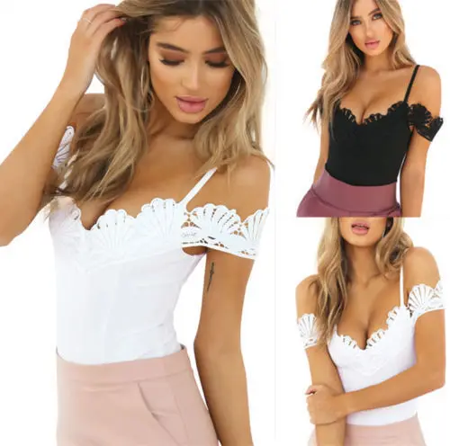 Summer-Womens-Lace-V-Neck-Strappy-T-Shirt-Bodysuit-Leotard-Vest-Tops-Jumpsuit