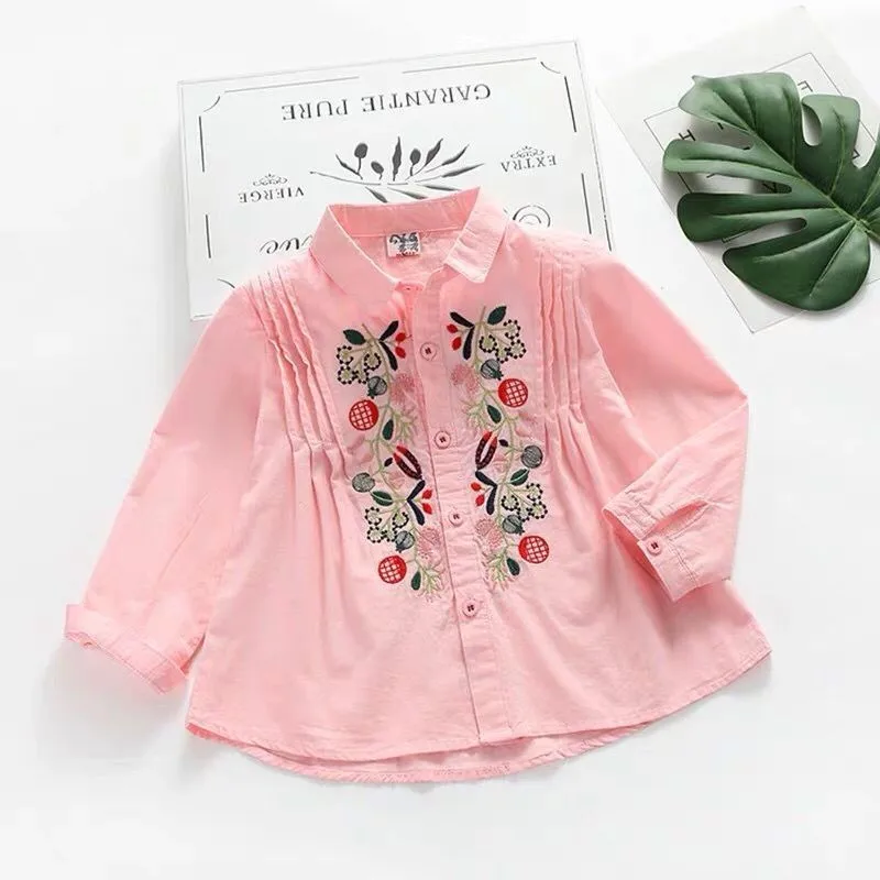 AiLe Rabbit/рубашка для девочек Новинка года; сезон весна; Повседневная рубашка в Корейском стиле с цветочной вышивкой; детская хлопковая рубашка - Цвет: Розовый