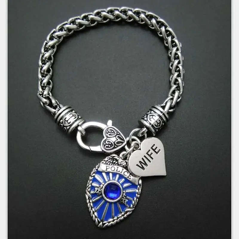 

Antique Silver Plated Police Mom Police Sister Police Daughter Heart With Police Badge Charm Bracelet