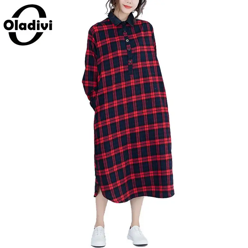 

Oladivi Plus Size Women Clothing 2019 Spring Autumn Fashion Plaid Long Sleeve Casual Loose Top Shirt Blouse Female Blusa Vestido
