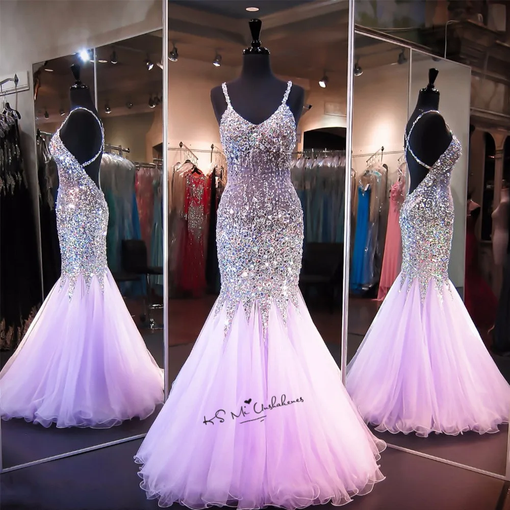 Coral Lavender Luxury Evening Dresses Long Rhinestones Crystals Prom Pageant Women Dress Mermaid Criss-Cross Vestido Longo 2018