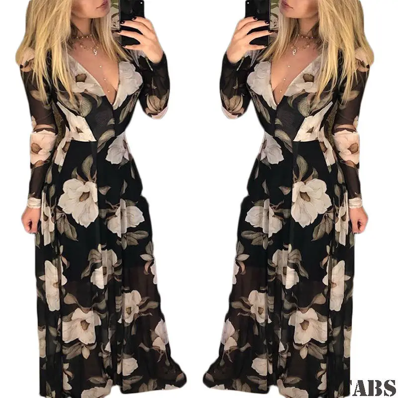 

Women Long Maxi Dresses Bohemia V-neck Long Sleeve Floral Print Ethnic Summer Beach Female Split Stylish Style Dress
