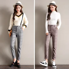 Pantalones a cuadros para mujer, otoño 2019, cintura alta, largo hasta el tobillo, pantalones Harem con tirantes para mujer, pantalones Vintage a cuadros, pantalón para mujer