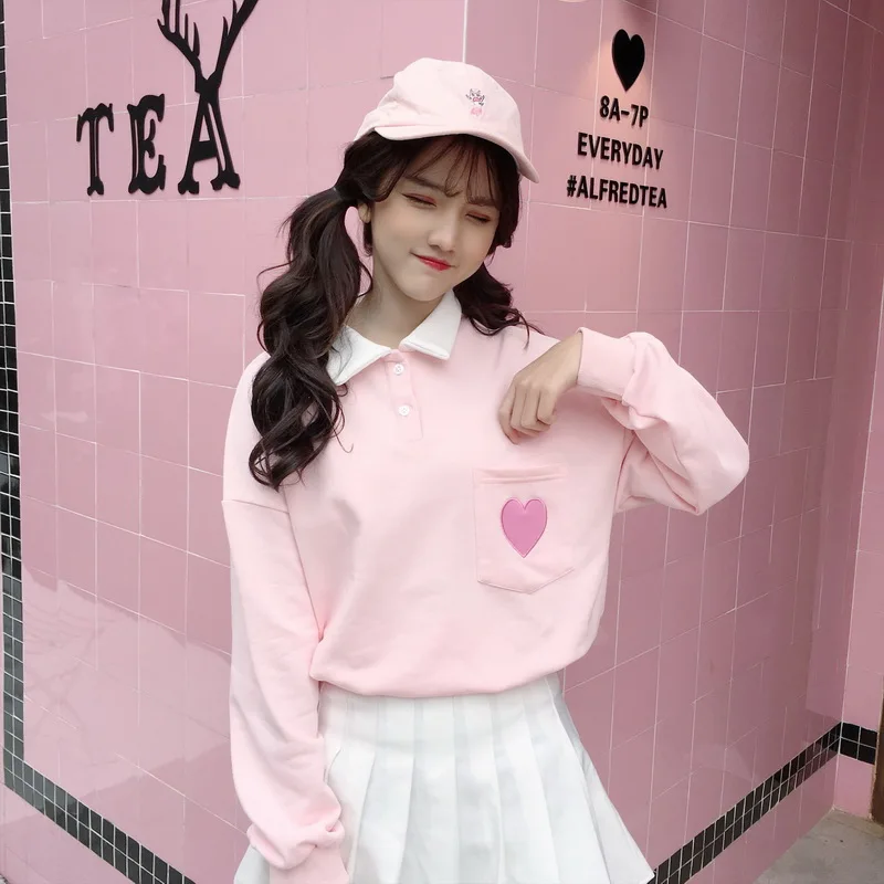 

Cotton Cute Love Embroidery Girls T Shirt Harajuku Fashion Loose Lapel Women Tops Long Sleeve Shirt Sweet Pink Student T-shirt
