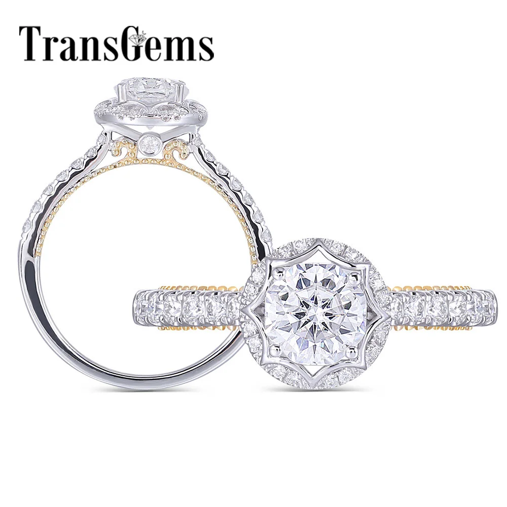 

Transgems 14K 585 White and Yellow Gold 1ct 6X6mm F Color Octagon Cut Moissanite Halo Engagement Rings Solitare with Accents