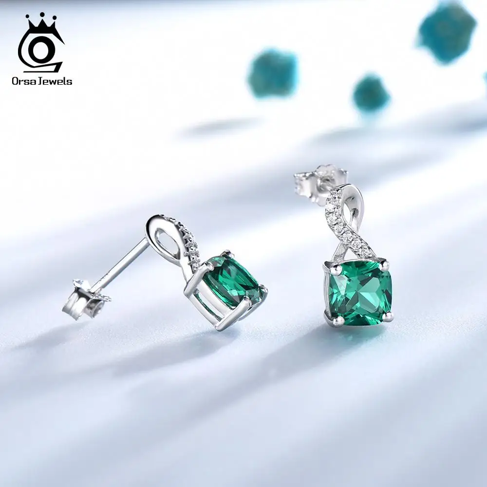 ORSA JEWELS S925 Модные 8-образные и прямоугольные серьги гвоздики зеленый большой изумруд женские стильные серьги простые ювелирные изделия VSE15