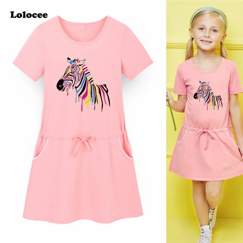 

Baby Girl Cute Dress Zebra Horse Print Short Sleeve Summer Dress 2018 New Cotton School Dresses Children Sport Clothing 3-14y