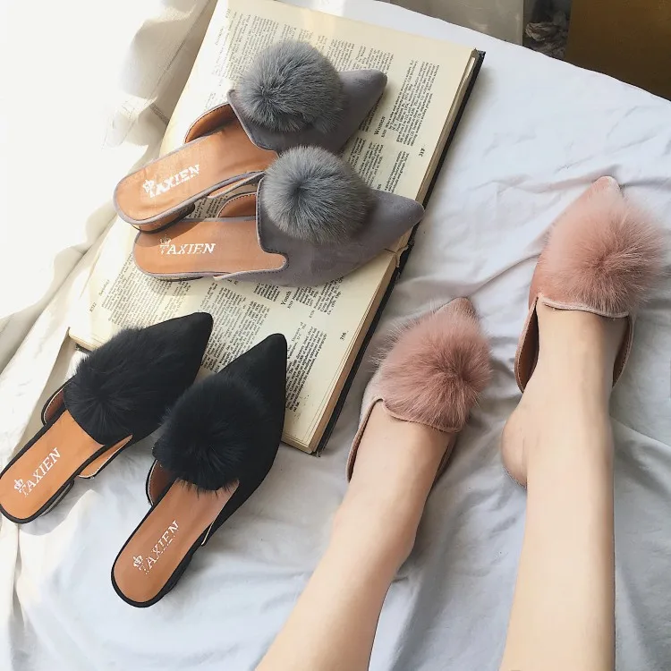 Mules shoes fur ball designer woman flipflops pointed toe slippers fur