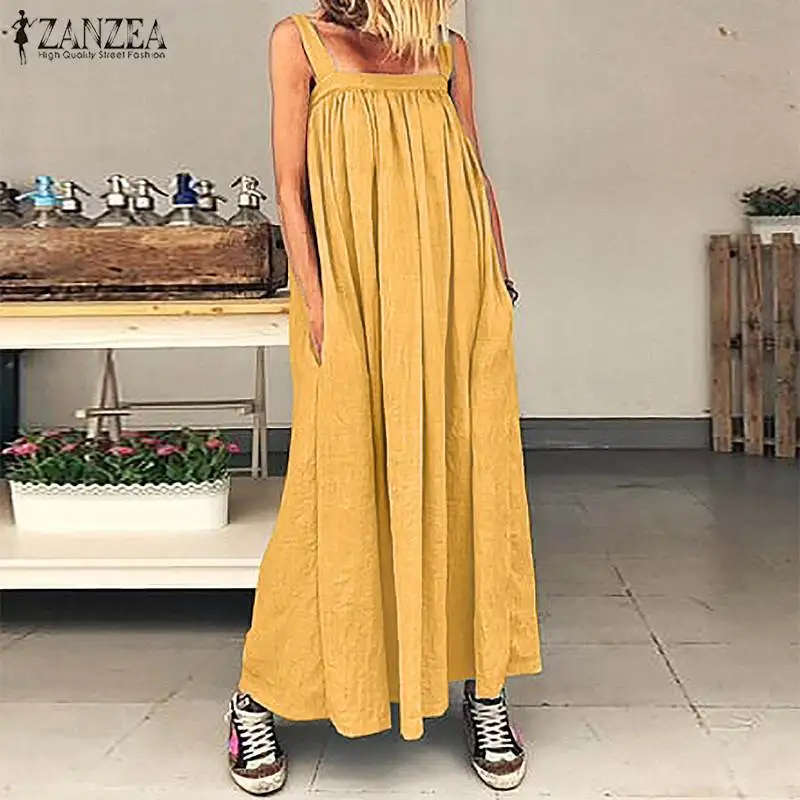 ZANZEA летнее платье женское длинное макси Vestidos без рукавов Плиссированное однотонное эластичное пляжное платье с открытой спиной женский сексуальный сарафан с ремешками