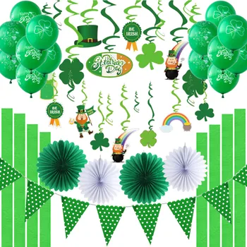 

Irish Green St Patricks Day Party Decorations Haging Swirl Decorations Shamrock Latex Balloons Paper Fans Polka Dot Pennant Flag