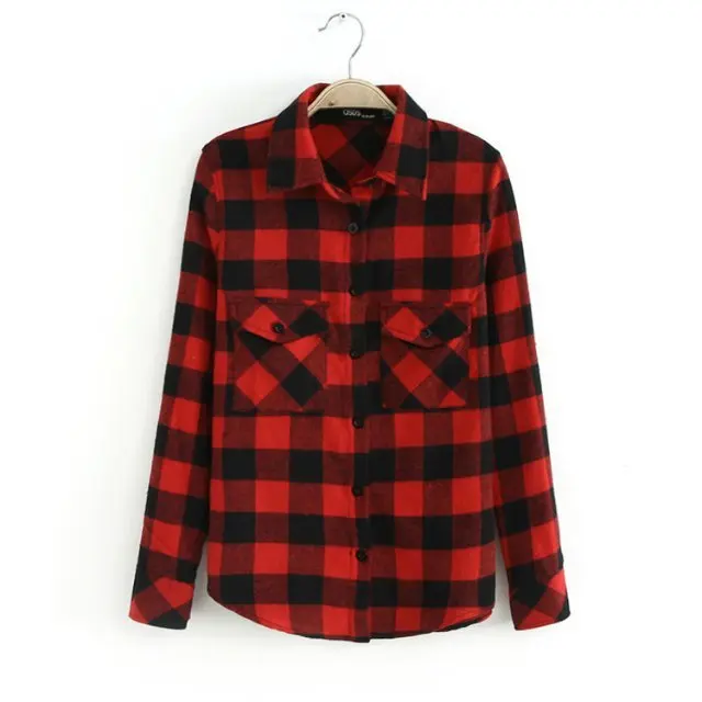 Autumn Winter 2015 Red and Black Flannel Ladies Plaid Blouse Shirt ...