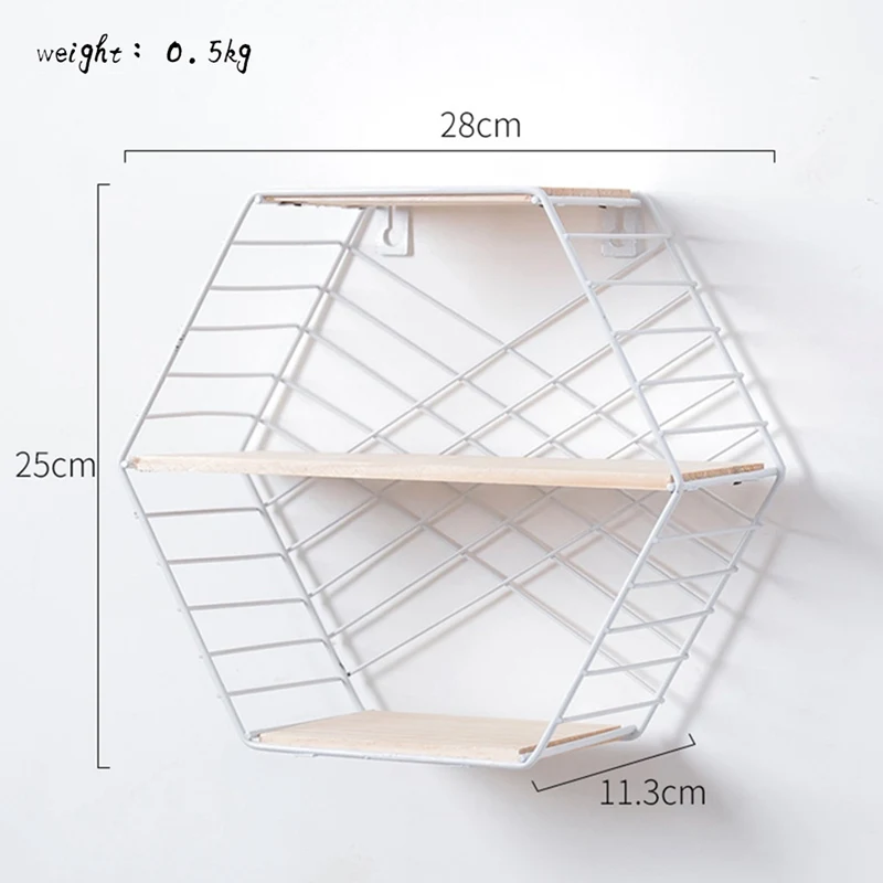 Wooden Iron Wall Storage Rack Innovative Simple Hexagon Three-Layer Wall Hanging Shelf Home Bedroom Wall Decoration
