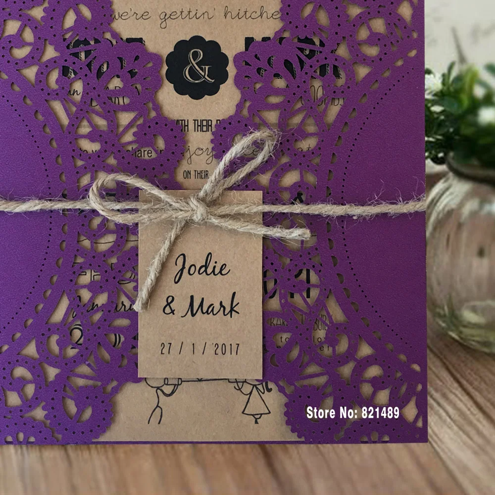  Purple Wedding Invitation Rustic Wedding Invitation Cards Laser Cut Invitation With Twine - 32672507141
