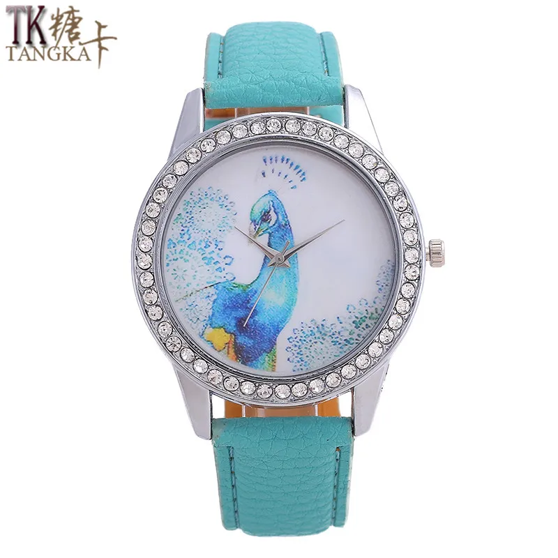 

TANGKA women's quartz watch Simple style Inlaid diamonds Blue peacock icon digital pointer mirror fashion leather watch