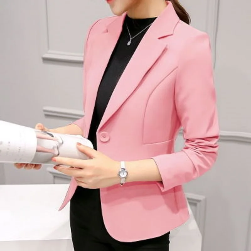 Новинка, весна-осень, офисный женский качественный приталенный однотонный костюм с длинным рукавом и одной пуговицей - Цвет: Pink