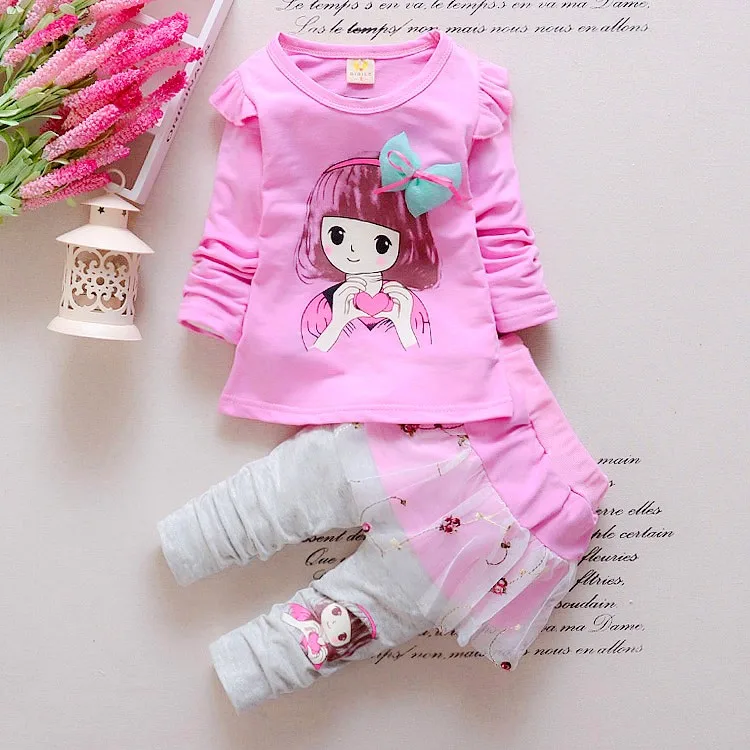 

BibiCola child casual clothing set childern leisure t-shirt + lace skirt pants 2pcs suit baby girls autumn clothes underwear