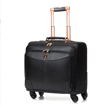 

High quality red/black genuine leather trolley luggage on universal wheels,16inches male and female cow leather bags