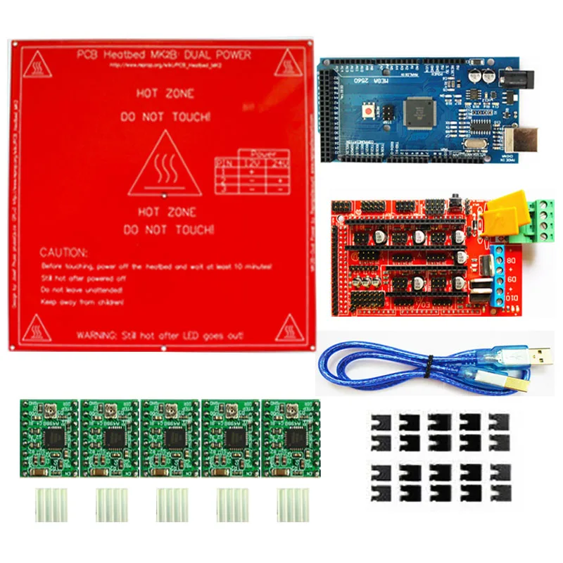 

1pcs Mega 2560 R3+ 1pcs RAMPS 1.4 Controller+ 5pcs A4988 Stepper Driver Module+1pcs PCB Heatbed MK2B 3D Printer kit