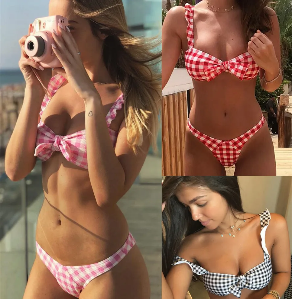 

Bikini Plaid Bow Split Swimsuit Ladies Stripe Bikini