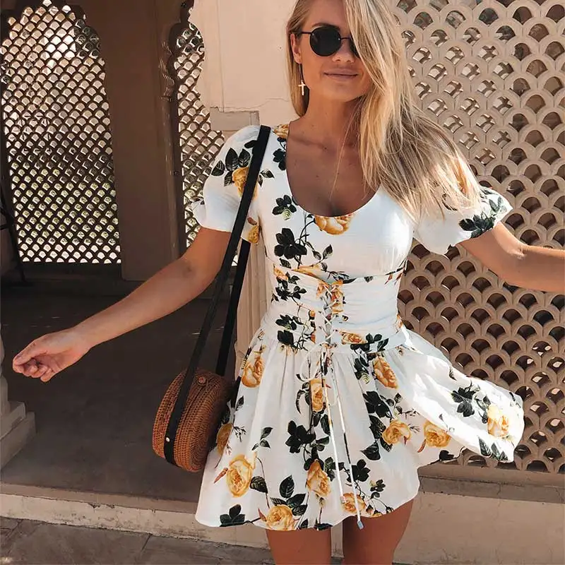 

BOHO INSPIRED BUSTIER DRESS LEMON Print cotton Feminine mini summer dress short sleeve tie waist vintage style dress for women