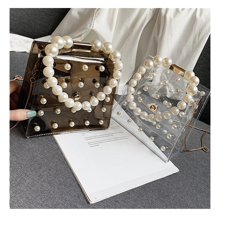 

2019 Women PVC Mini Chain Bag Laser Transparent Clear Tote Shoulder Crossbody Pearl Fashion Bag Travel Bag