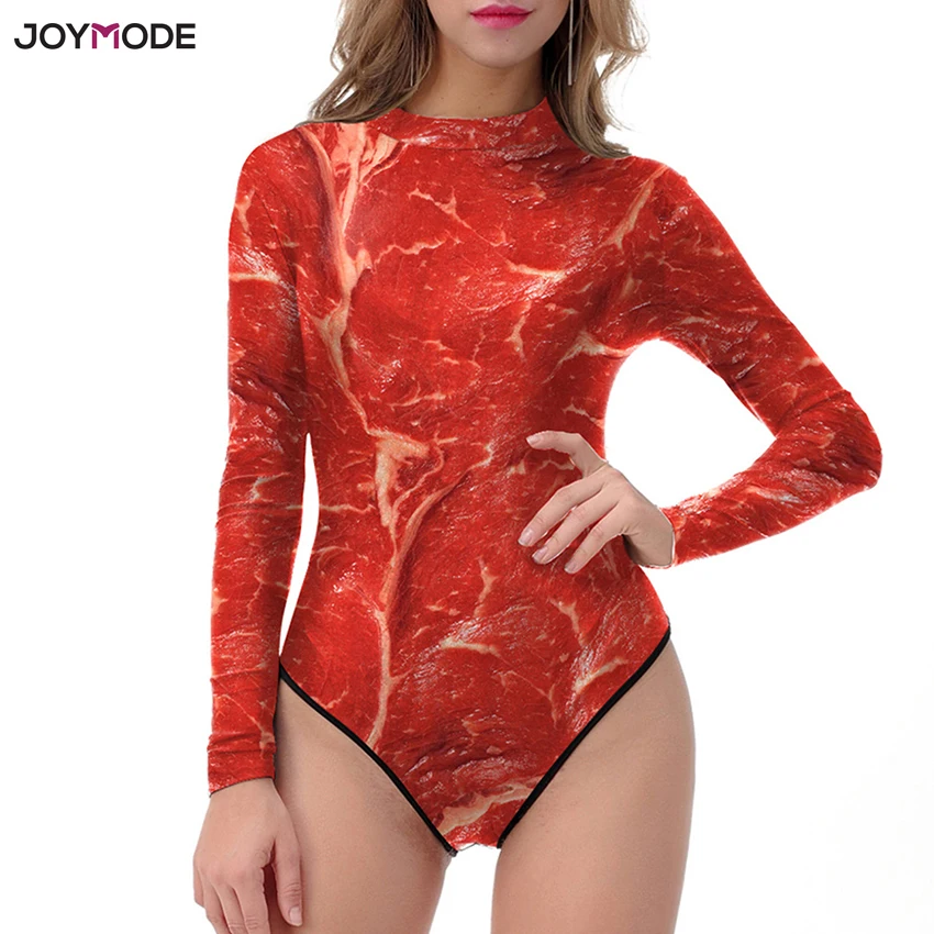 

JOYMODE 3D Digital Monokini Bodysuit 2018 Bathing Suits Beach Women Swimwear Long Sleeves Fresh Meat Print Swimsuit Piece