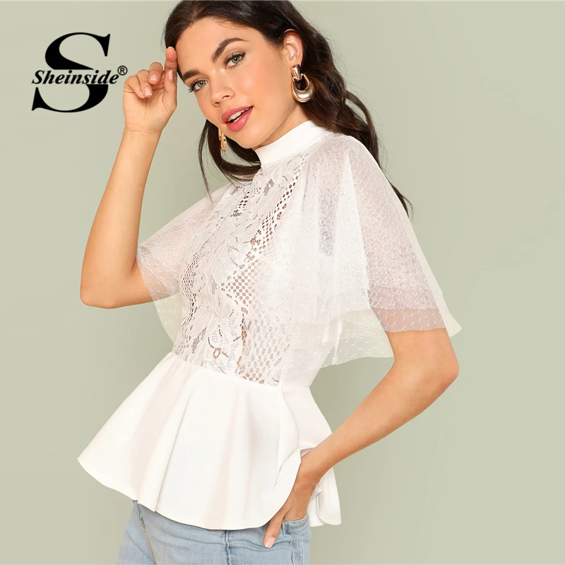 

Sheinside Mock Neck Sheer Shirt White Contrast Lace Ruffle Sleeve Womens Tops and Blouses Summer Office Ladies Workwear Blouse