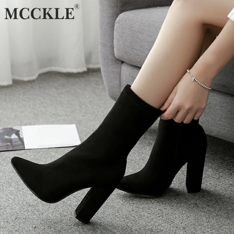 

MCCKLE Women's Ankle Boots Plus Size Winter Fashion Ladies Square High Heels Pointed Toe Chelsea Boot Female Zip Elegant Shoes