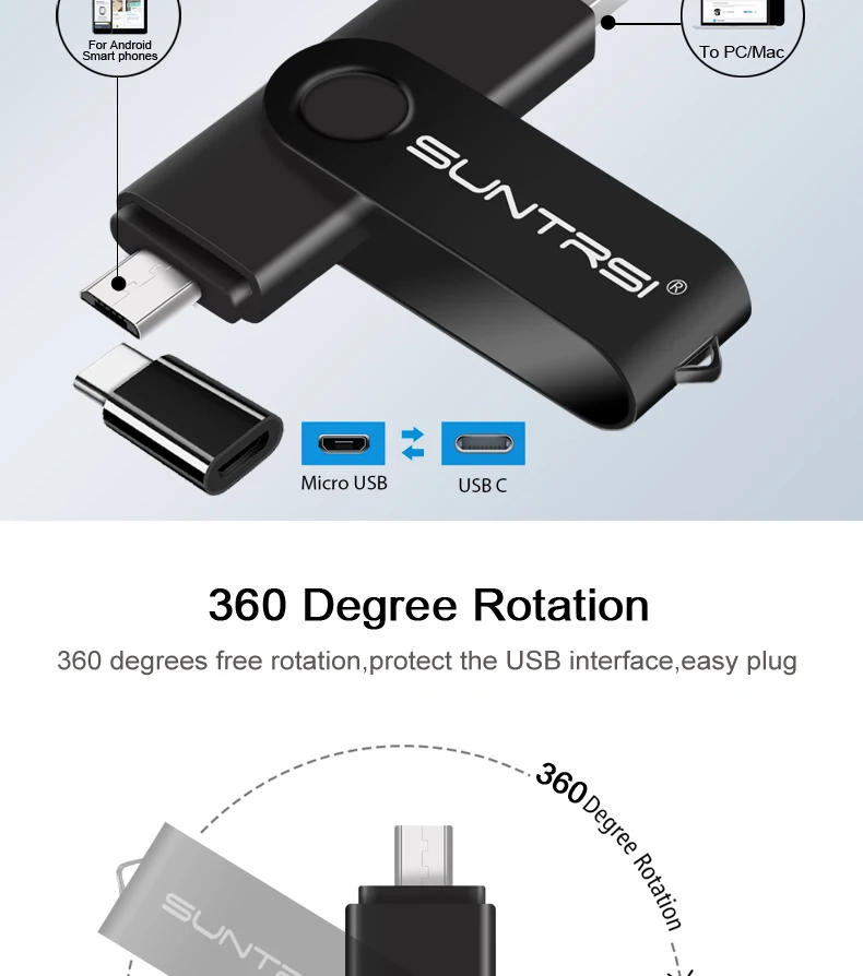 Suntrsi OTG USB флеш-накопитель 128 Гб Тип C флеш-накопитель usb 64 ГБ флеш-диск металлический 16 Гб для смартфона/планшета/ПК