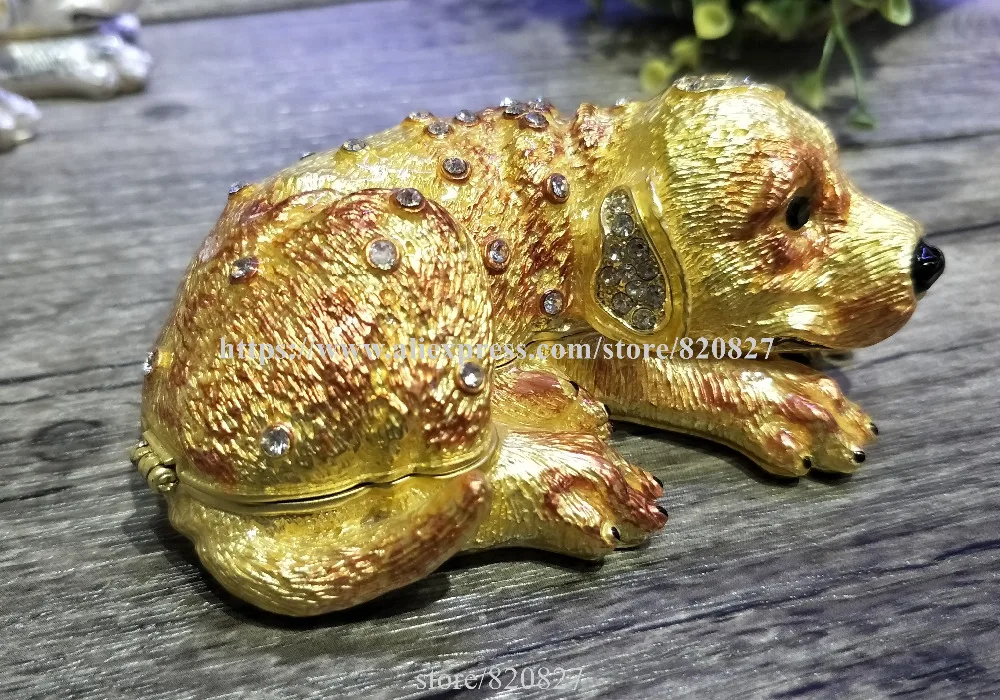 2018 New Dog Hinged Trinket Box Bejeweled Hand-painted Ring Holder Animal Figurine Dog Crystal Jeweled Keepsake Jewelry Box