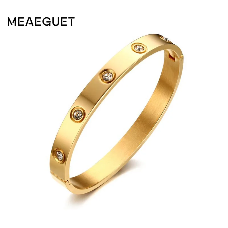 

Meaeguet Crystal Stainless Steel Bangle Gold-color For Trendy Women Cuff Bracelet Bangles Jewelry 8mm Wide