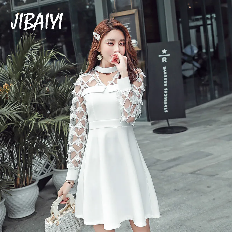JIBAIYI White Sexy Lace Ladies Summer Dress Elegant Transparent Mesh Long Sleeve Party Dresses Women Halter Mini Female Vestido JIBAIYI White Sexy Lace Ladies Summer Dress Elegant Transparent Mesh Long Sleeve Party Dresses Women Halter Mini Female Vestido