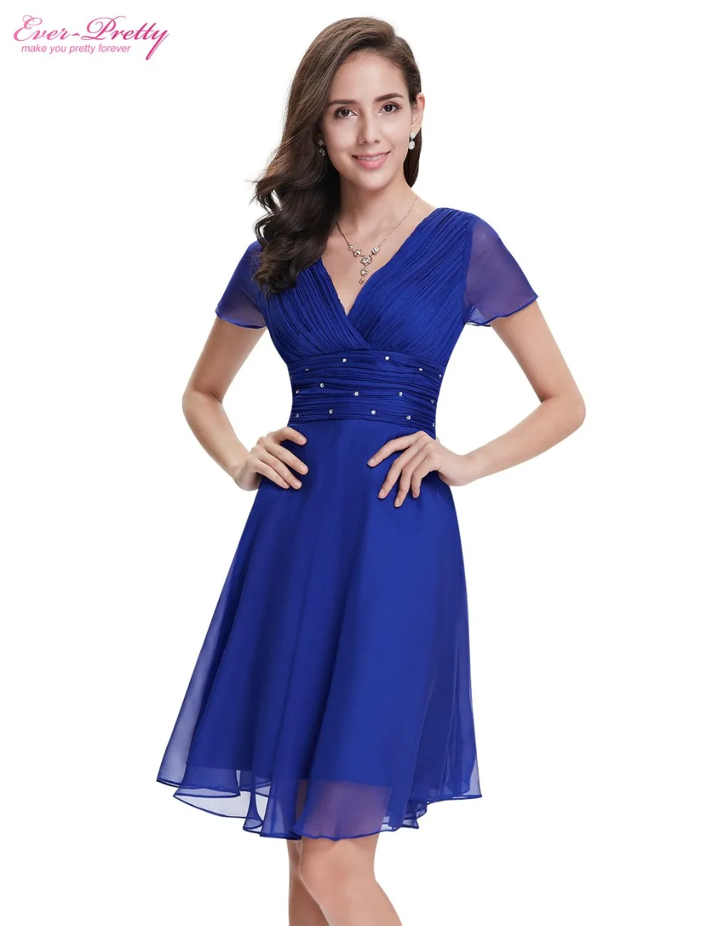 Short Sleeve V Neck Ruched Bust Chiffon Party Dress