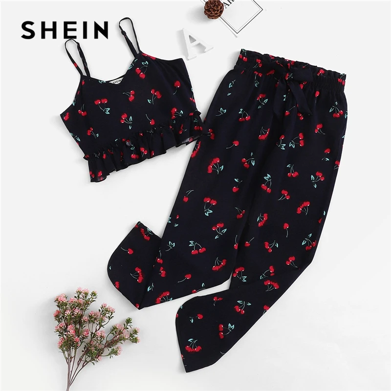 

SHEIN Kiddie Navy Girls Cherry Print Frill Cami With Pants Pajama Set Kids Sleepwear 2019 Summer Sleeveless Ruffle Hem Nightwear