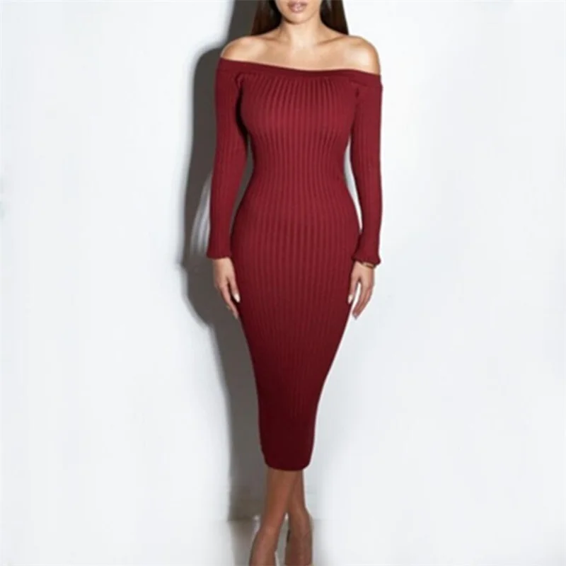 

2018 Autumn New Sexy Off Shoulder Bodycon Dress Women Elegant Long Sleeve Mermaid Dress Knitted Sweater Winter Dress Vestidos