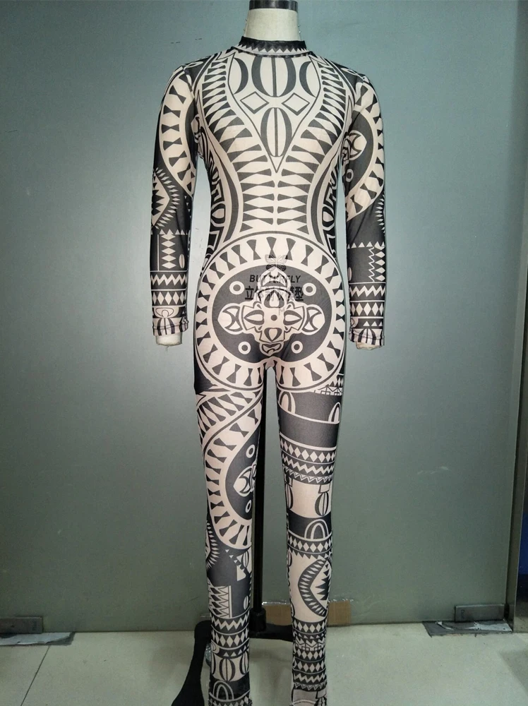 Размера плюс женский этнический тату принт сетка комбинезон пышный Африканский ацтекский комбинезон облегающий костюм для знаменитостей спортивный комбинезон - Цвет: 8019BK