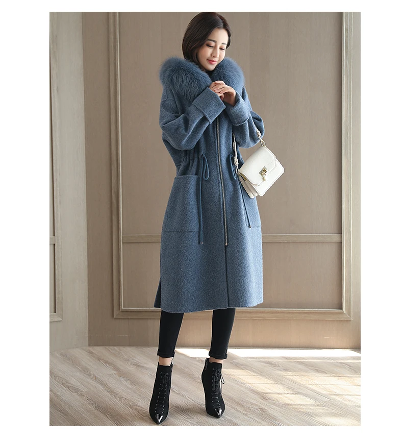 Winter Women Woolen Coat Outerwear Female Medium-long Hooded Trench Big Fur Collar Casual Casaco Feminino Female Jacket