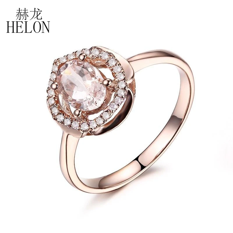 

HELON Surprise Gift Solid 10K Rose Gold Oval 7x5mm Pink Morganite Natural Diamond Ring Engagement Diamonds Gemstone Ring