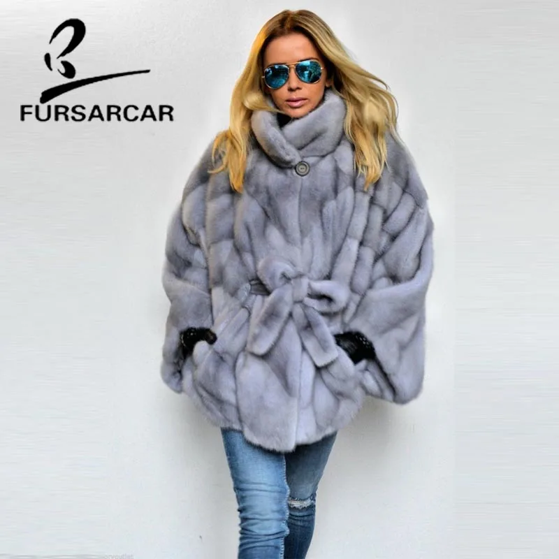 

FURSARCAR Women Bat Sleeved Real Fur Coat 2018 New Style Fashion Mink Fur Coat With Stand Collar Luxury Female Mink Fur Jacket